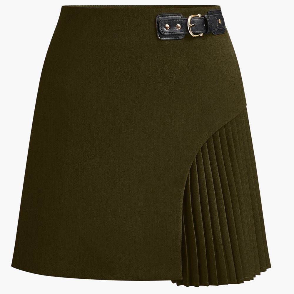 Commense Dark Green Side Pleated Buckle Belted Skirt. Size Medium. NWT.
